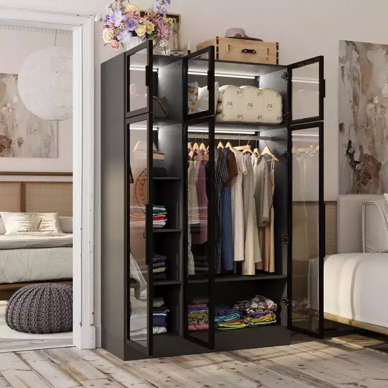Hitow Armoire Modern Style Closet Glass Cabinet Doors Built-In Adjustable Lighting