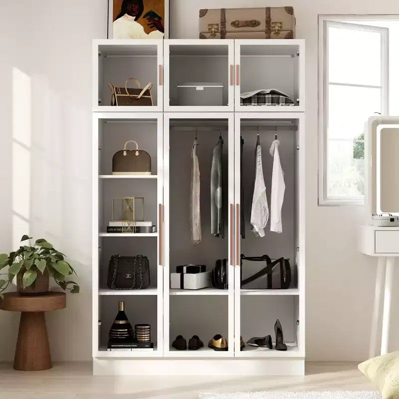 Hitow Armoire Modern Style Closet Glass Cabinet Doors Built-In Adjustable Lighting