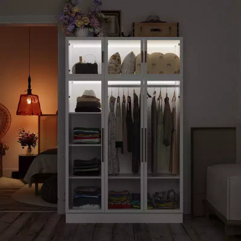 Hitow Armoire Modern Style Closet Glass Cabinet Doors Built-In Adjustable Lighting
