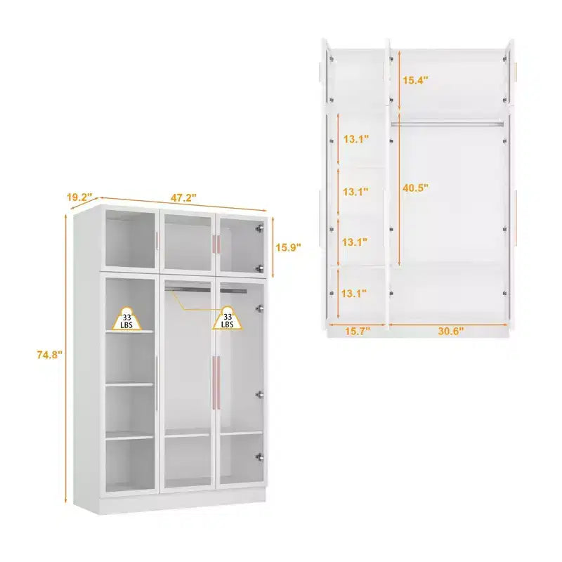 Hitow Armoire Modern Style Closet Glass Cabinet Doors Built-In Adjustable Lighting