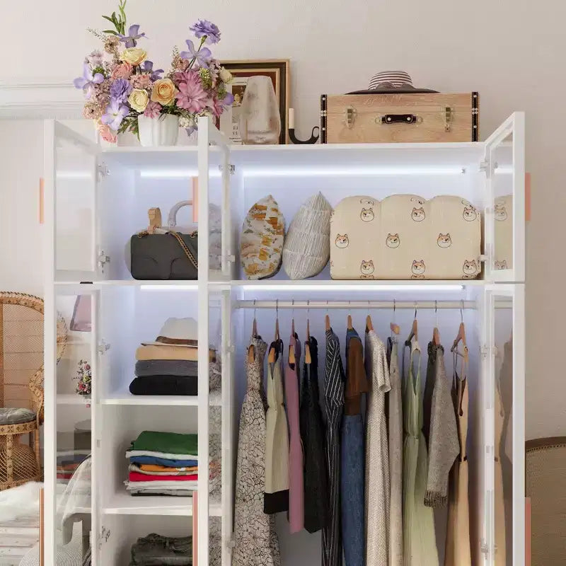 Hitow Armoire Modern Style Closet Glass Cabinet Doors Built-In Adjustable Lighting