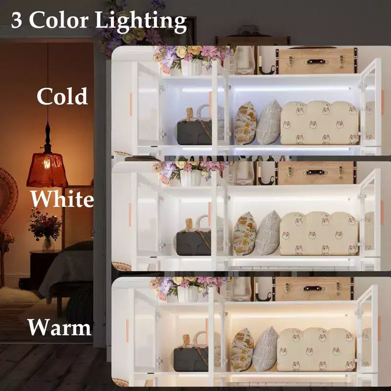 Hitow Armoire Modern Style Closet Glass Cabinet Doors Built-In Adjustable Lighting