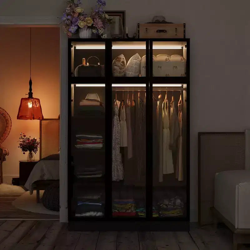 Hitow Armoire Modern Style Closet Glass Cabinet Doors Built-In Adjustable Lighting