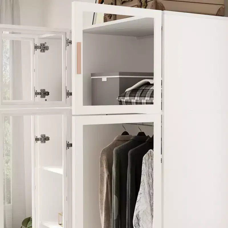 Hitow Armoire Modern Style Closet Glass Cabinet Doors Built-In Adjustable Lighting