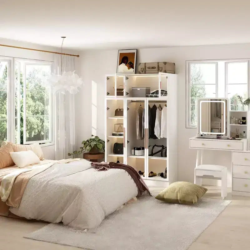 Hitow Armoire Modern Style Closet Glass Cabinet Doors Built-In Adjustable Lighting