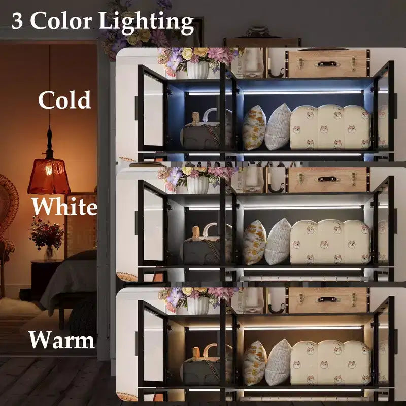 Hitow Armoire Modern Style Closet Glass Cabinet Doors Built-In Adjustable Lighting
