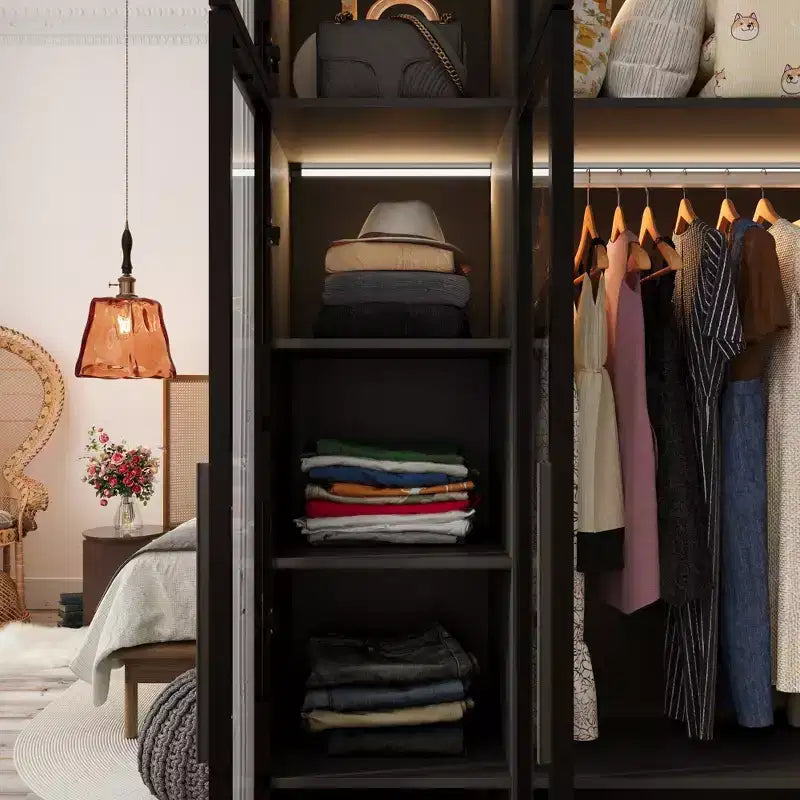 Hitow Armoire Modern Style Closet Glass Cabinet Doors Built-In Adjustable Lighting