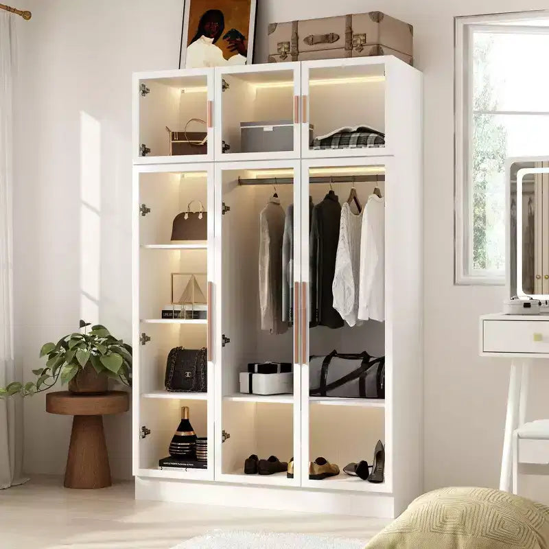 Hitow Armoire Modern Style Closet Glass Cabinet Doors Built-In Adjustable Lighting