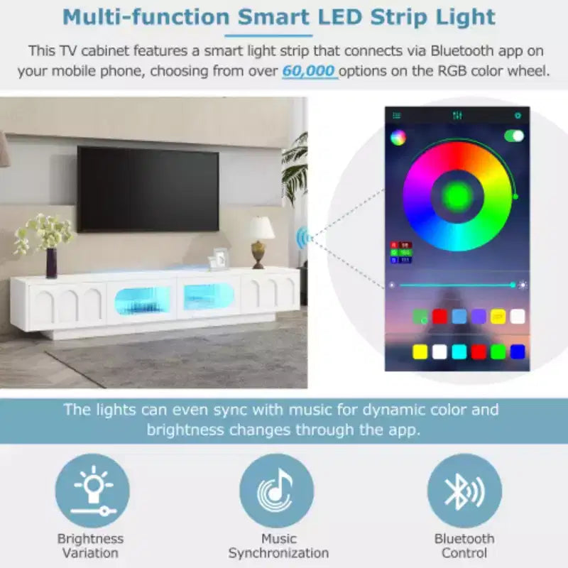 Tech-Forward 95 TV Stand: Fluted Glass, Arched Cabinets, Dimmable LEDs