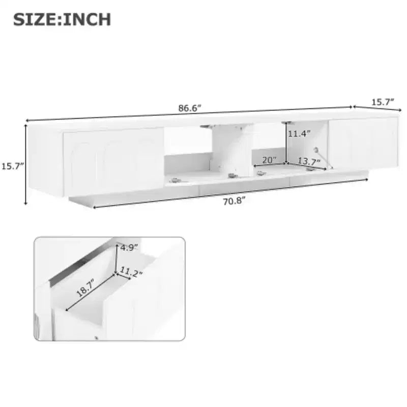 Tech-Forward 95 TV Stand: Fluted Glass, Arched Cabinets, Dimmable LEDs
