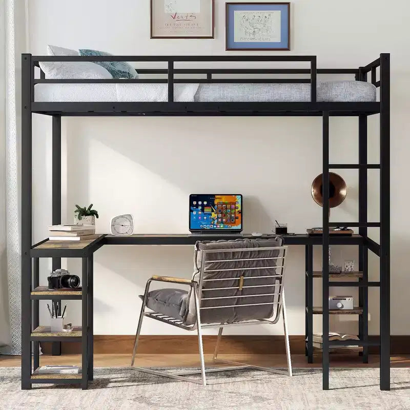 Full Loft Bed Frame: Black with Vintage Wood Desk, Ladder, and Guardrails