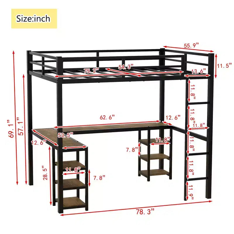 Full Loft Bed Frame: Black with Vintage Wood Desk, Ladder, and Guardrails