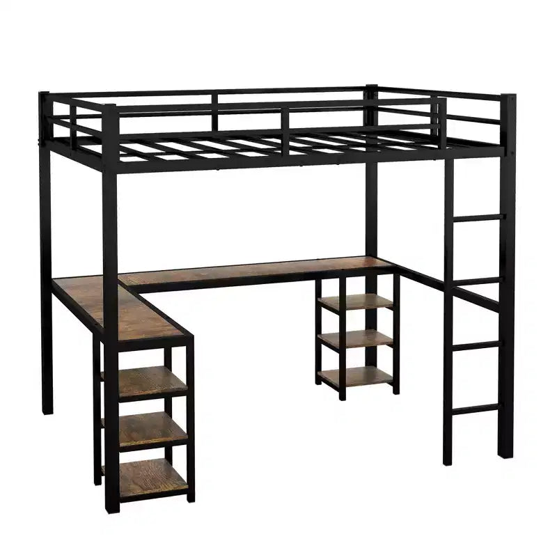 Full Loft Bed Frame: Black with Vintage Wood Desk, Ladder, and Guardrails