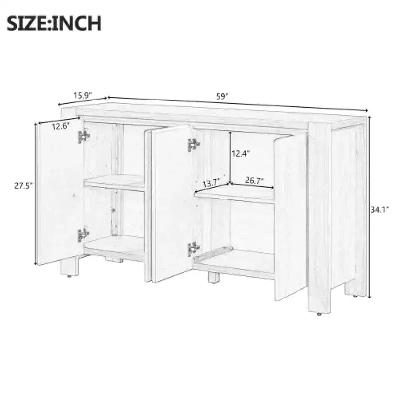 Whisen Buffet Cabinet with Storage, 4-Door Retro Wood Sideboard with Distressed Finish and Adjustable Shelves