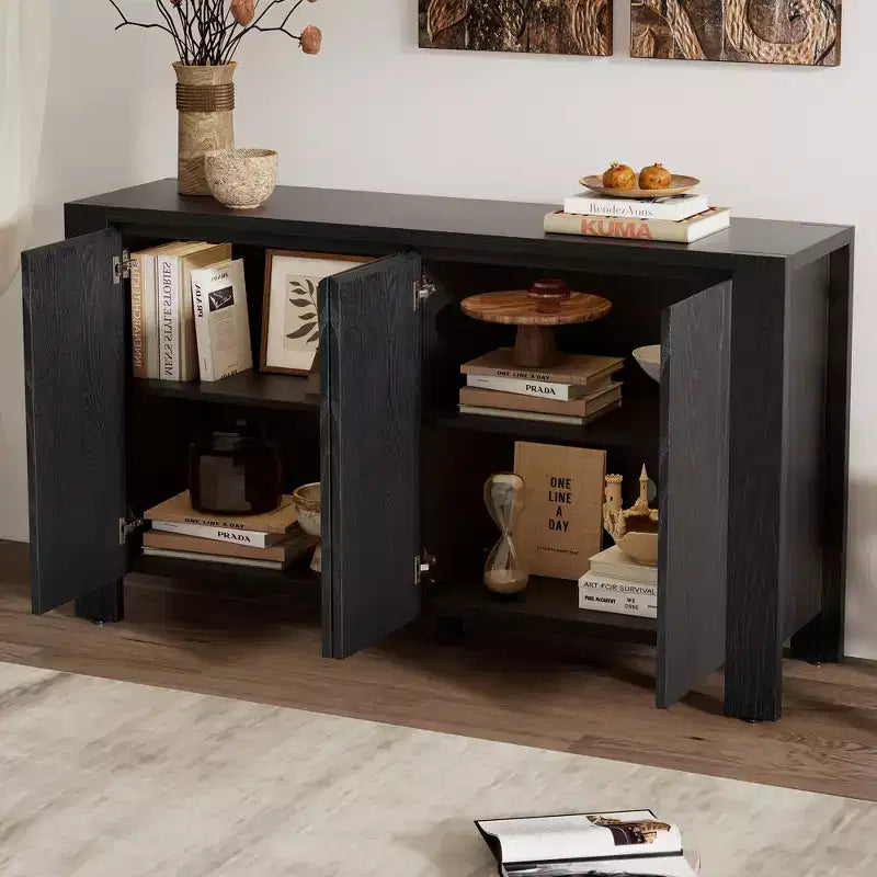 Whisen Buffet Cabinet with Storage, 4-Door Retro Wood Sideboard with Distressed Finish and Adjustable Shelves