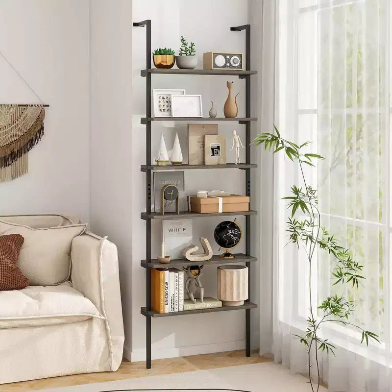 Costway 6-tier Ladder Shelf 72 Inches Industrial Wall Mounted Bookshelf Brown/Oak