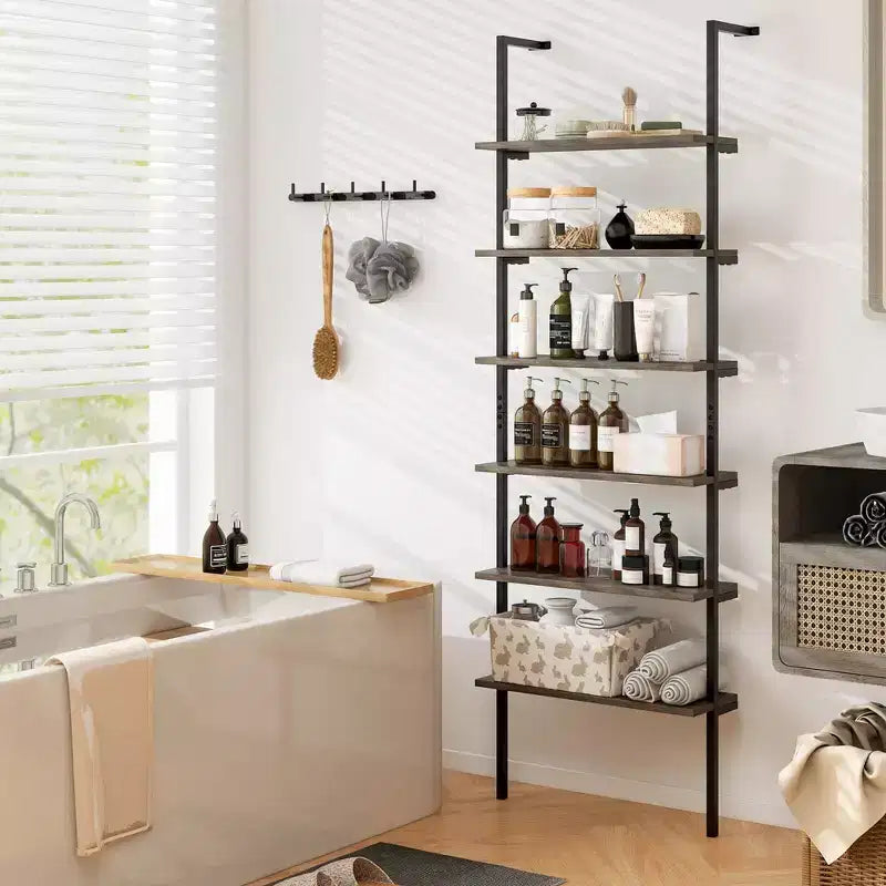 Costway 6-tier Ladder Shelf 72 Inches Industrial Wall Mounted Bookshelf Brown/Oak