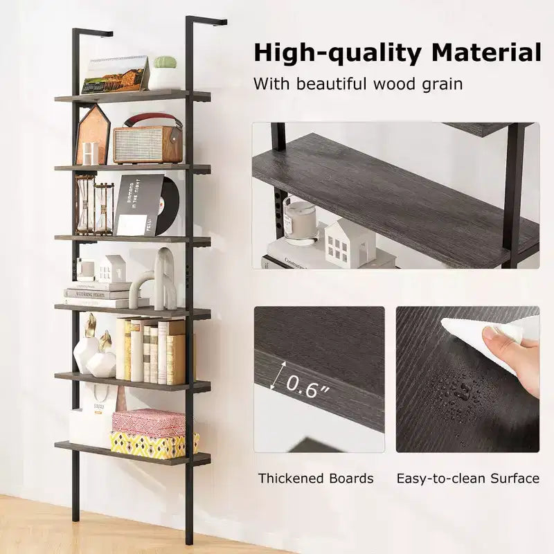 Costway 6-tier Ladder Shelf 72 Inches Industrial Wall Mounted Bookshelf Brown/Oak