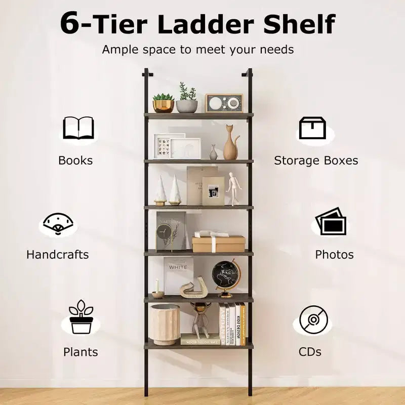 Costway 6-tier Ladder Shelf 72 Inches Industrial Wall Mounted Bookshelf Brown/Oak