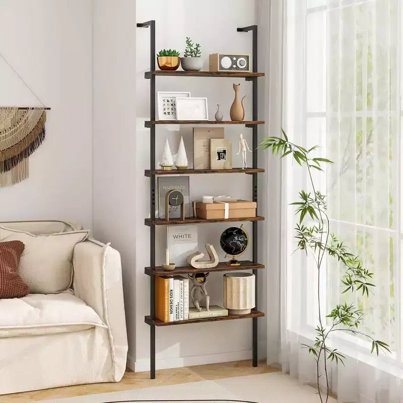 Costway 6-tier Ladder Shelf 72 Inches Industrial Wall Mounted Bookshelf Brown/Oak