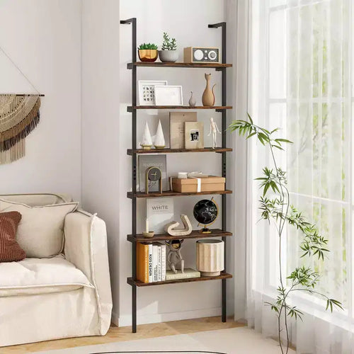 Costway 6-tier Ladder Shelf 72 Inches Industrial Wall Mounted Bookshelf Brown/Oak
