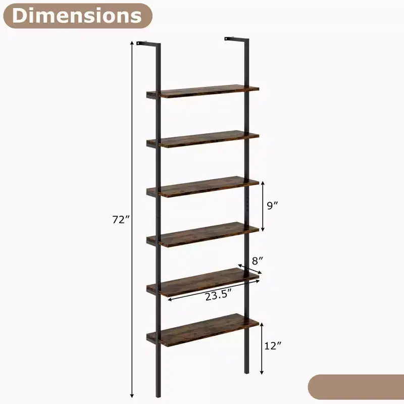 Costway 6-tier Ladder Shelf 72 Inches Industrial Wall Mounted Bookshelf Brown/Oak