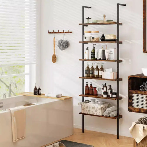 Costway 6-tier Ladder Shelf 72 Inches Industrial Wall Mounted Bookshelf Brown/Oak