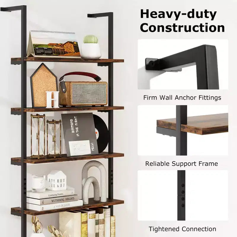 Costway 6-tier Ladder Shelf 72 Inches Industrial Wall Mounted Bookshelf Brown/Oak