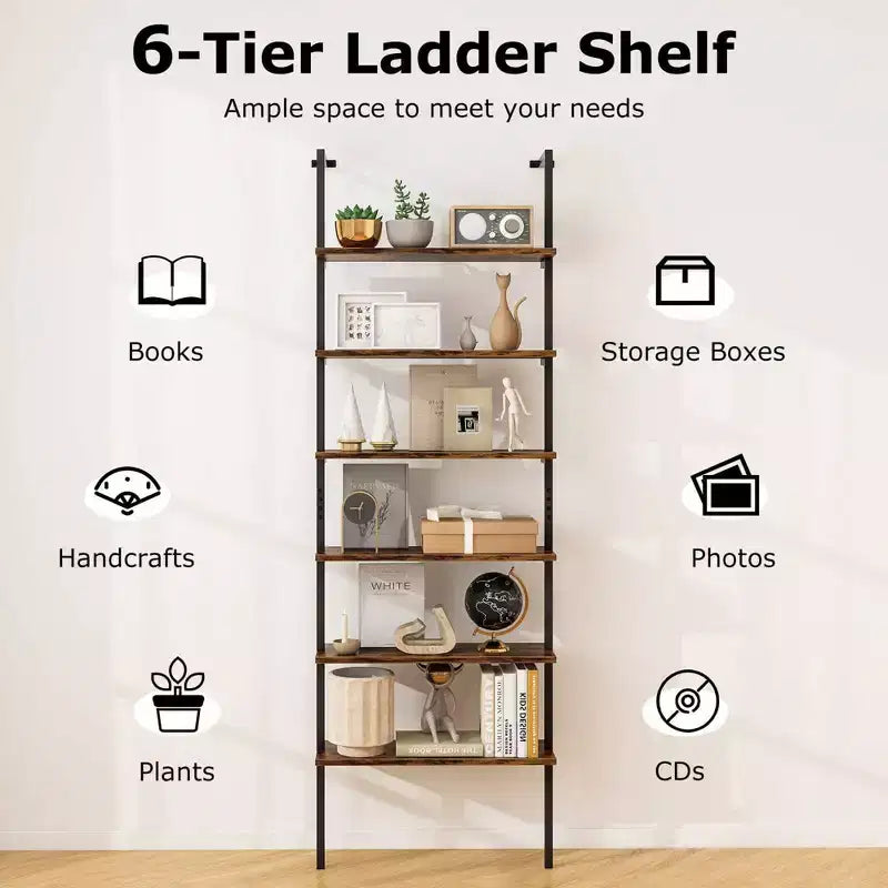 Costway 6-tier Ladder Shelf 72 Inches Industrial Wall Mounted Bookshelf Brown/Oak