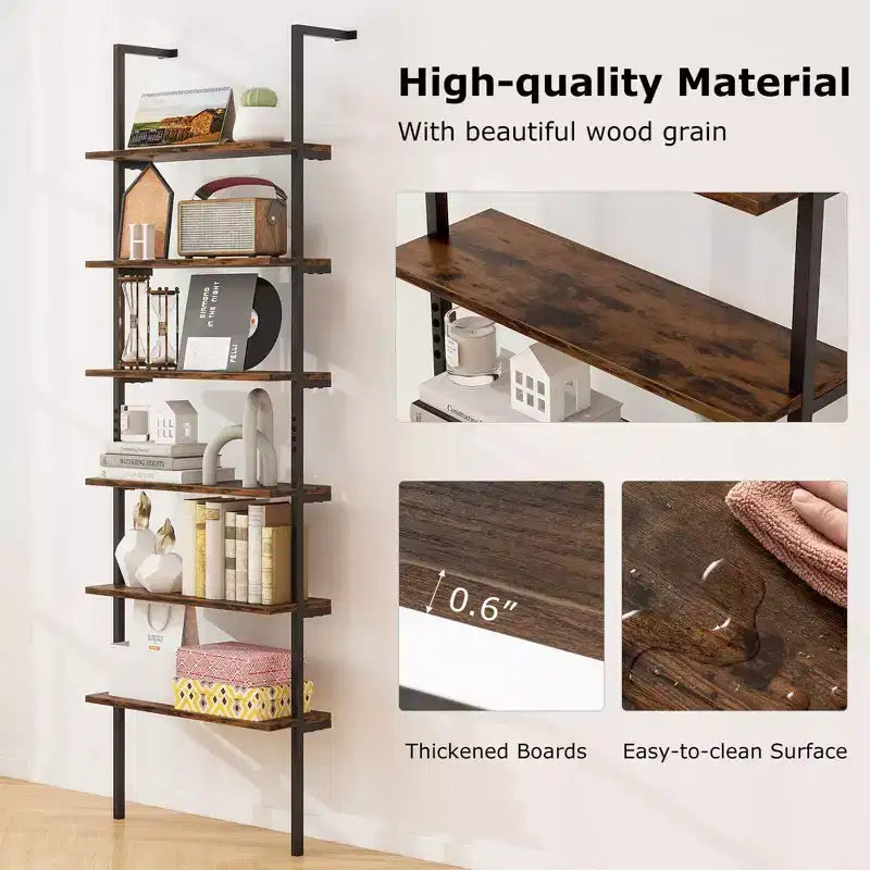 Costway 6-tier Ladder Shelf 72 Inches Industrial Wall Mounted Bookshelf Brown/Oak