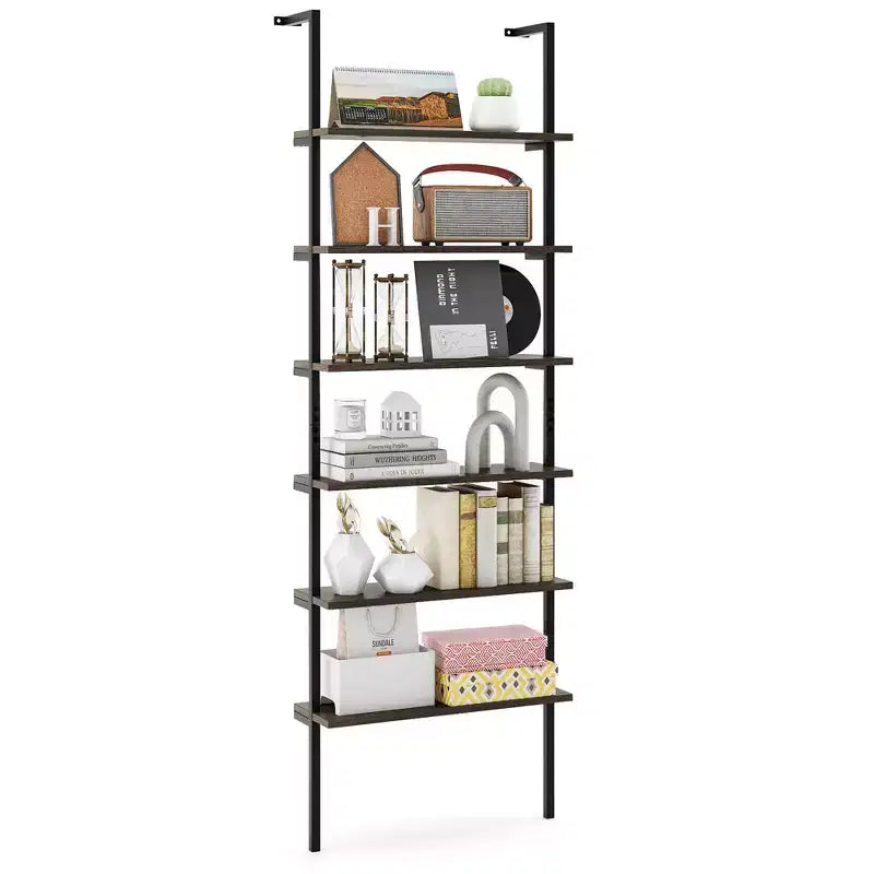Costway 6-tier Ladder Shelf 72 Inches Industrial Wall Mounted Bookshelf Brown/Oak