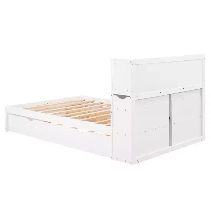 Full Size Platform Bed Frame with Storage Headboard, Charging Station, Trundle, 2 Drawers and Pull Out Shelves, White/Espresso-ModernLuxe