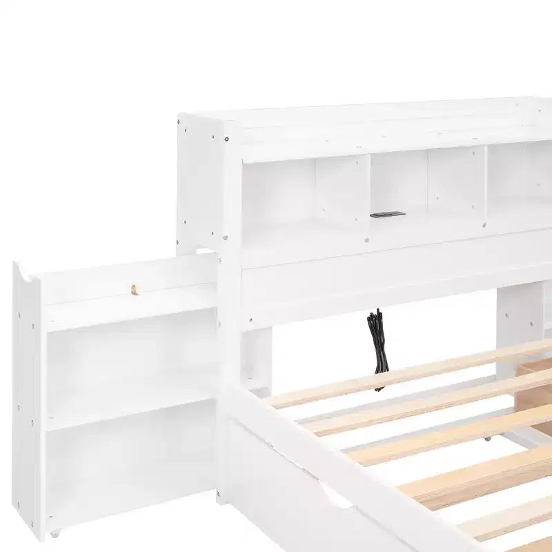 Full Size Platform Bed Frame with Storage Headboard, Charging Station, Trundle, 2 Drawers and Pull Out Shelves, White/Espresso-ModernLuxe