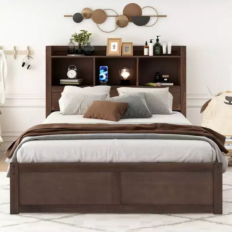Full Size Platform Bed Frame with Storage Headboard, Charging Station, Trundle, 2 Drawers and Pull Out Shelves, White/Espresso-ModernLuxe