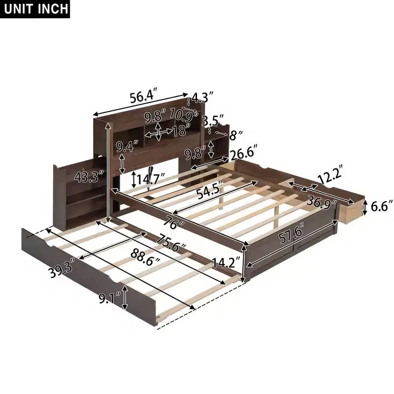 Full Size Platform Bed Frame with Storage Headboard, Charging Station, Trundle, 2 Drawers and Pull Out Shelves, White/Espresso-ModernLuxe