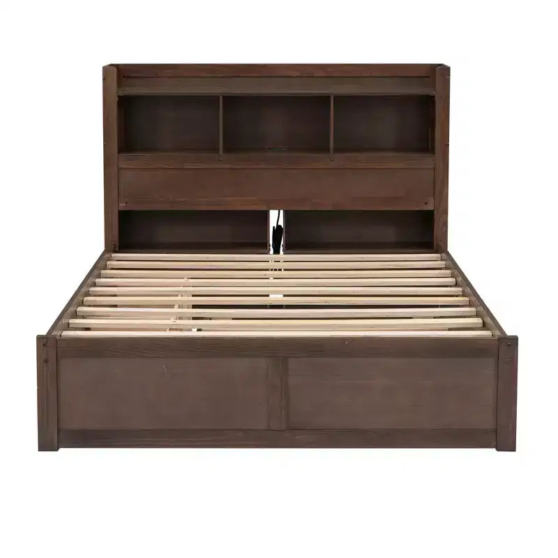 Full Size Platform Bed Frame with Storage Headboard, Charging Station, Trundle, 2 Drawers and Pull Out Shelves, White/Espresso-ModernLuxe