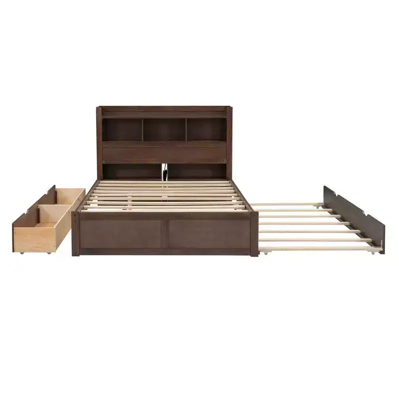 Full Size Platform Bed Frame with Storage Headboard, Charging Station, Trundle, 2 Drawers and Pull Out Shelves, White/Espresso-ModernLuxe