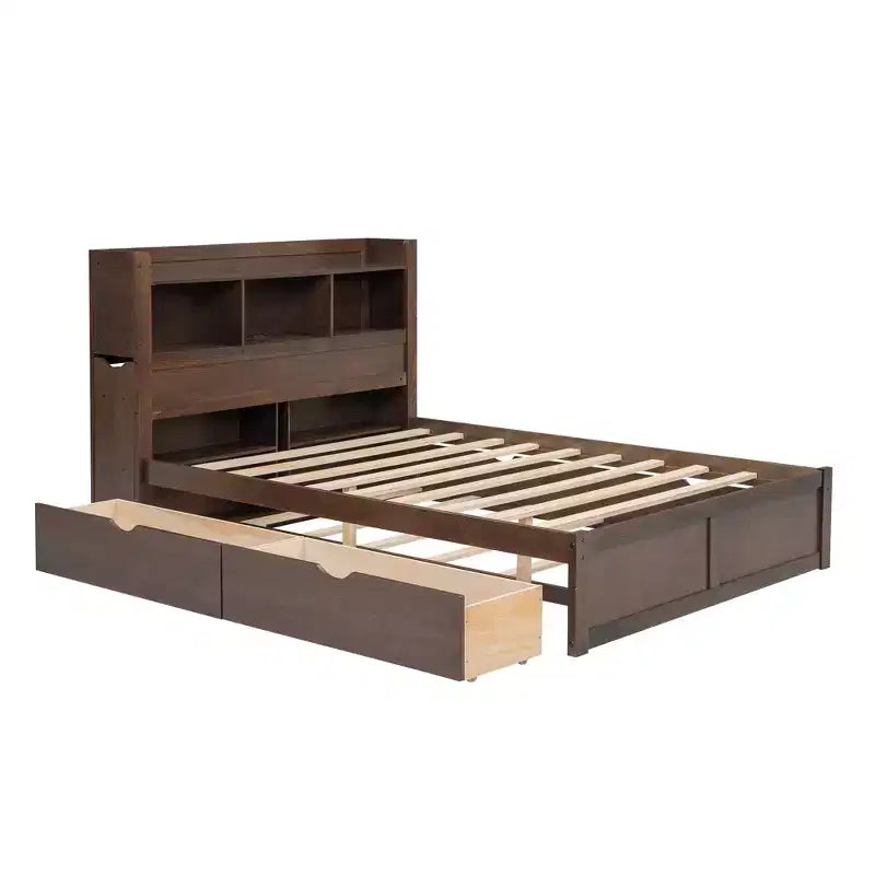 Full Size Platform Bed Frame with Storage Headboard, Charging Station, Trundle, 2 Drawers and Pull Out Shelves, White/Espresso-ModernLuxe