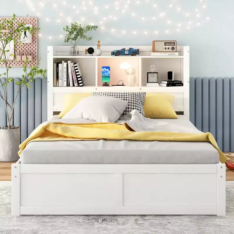 Full Size Platform Bed Frame with Storage Headboard, Charging Station, Trundle, 2 Drawers and Pull Out Shelves, White/Espresso-ModernLuxe