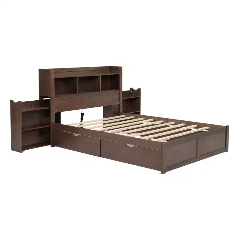 Full Size Platform Bed Frame with Storage Headboard, Charging Station, Trundle, 2 Drawers and Pull Out Shelves, White/Espresso-ModernLuxe
