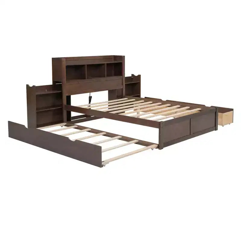 Full Size Platform Bed Frame with Storage Headboard, Charging Station, Trundle, 2 Drawers and Pull Out Shelves, White/Espresso-ModernLuxe