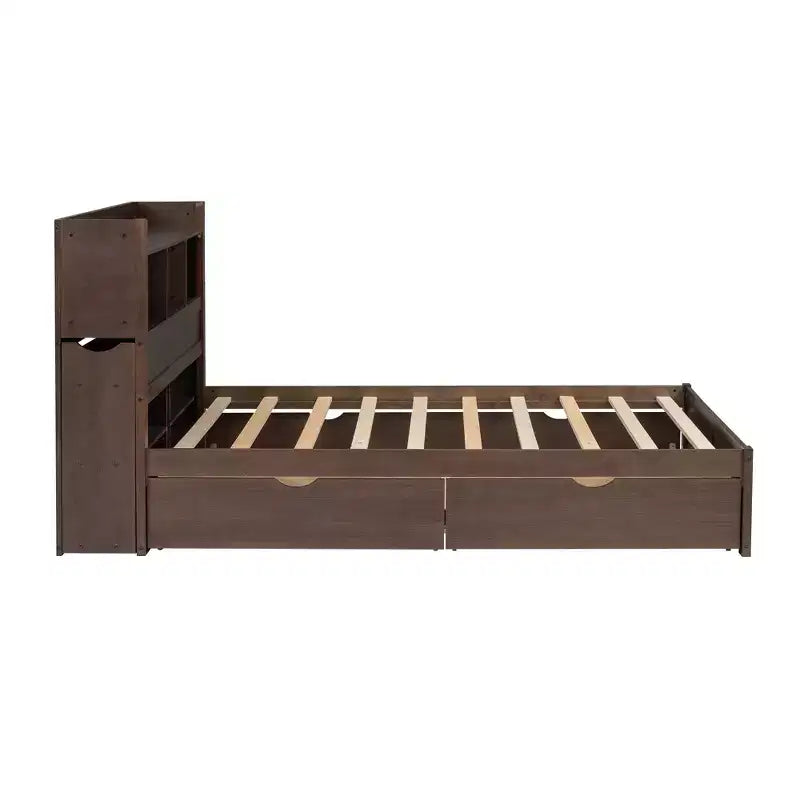Full Size Platform Bed Frame with Storage Headboard, Charging Station, Trundle, 2 Drawers and Pull Out Shelves, White/Espresso-ModernLuxe
