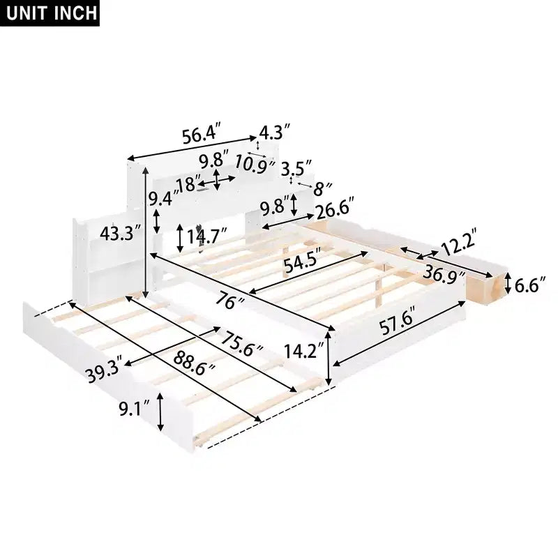 Full Size Platform Bed Frame with Storage Headboard, Charging Station, Trundle, 2 Drawers and Pull Out Shelves, White/Espresso-ModernLuxe