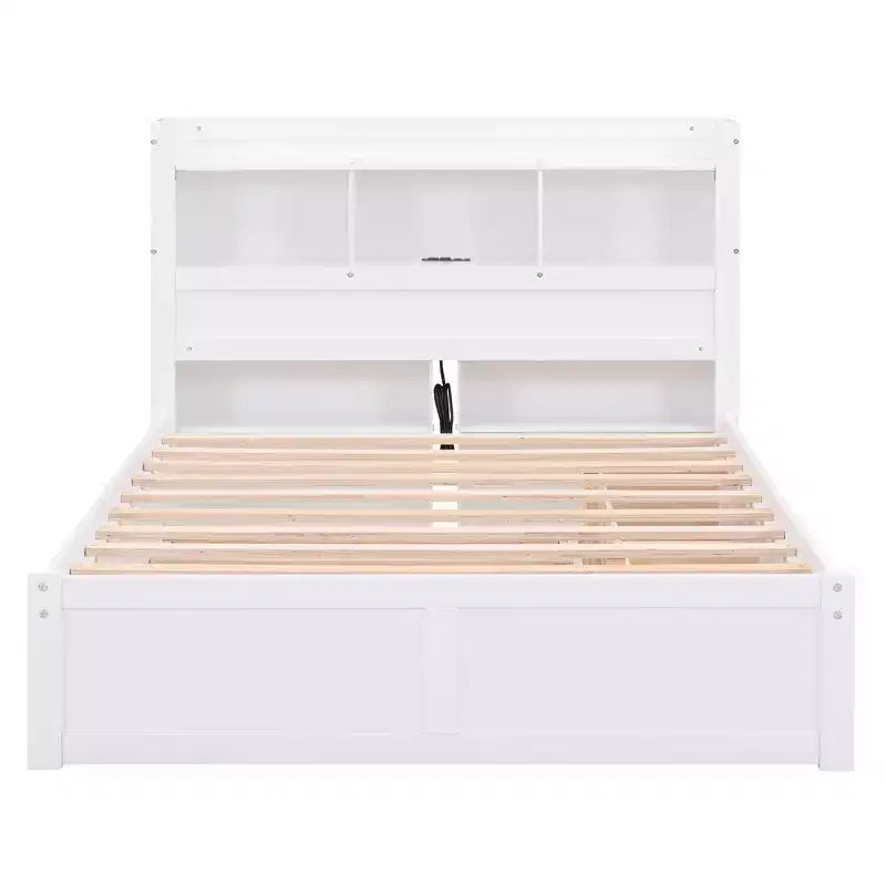 Full Size Platform Bed Frame with Storage Headboard, Charging Station, Trundle, 2 Drawers and Pull Out Shelves, White/Espresso-ModernLuxe