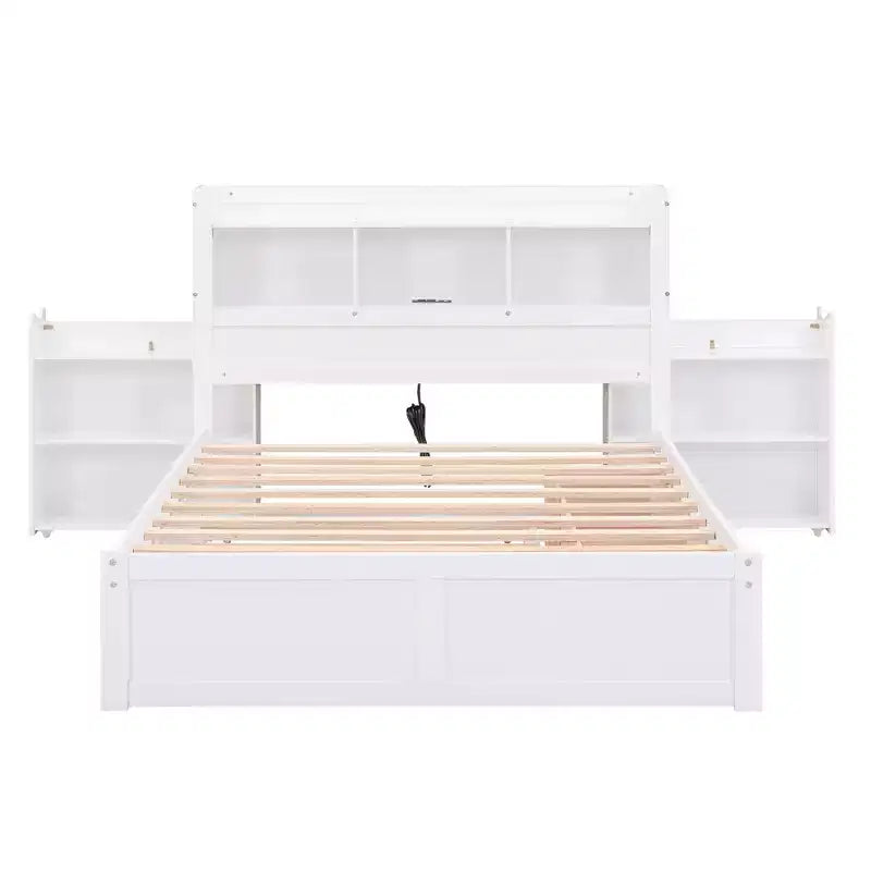 Full Size Platform Bed Frame with Storage Headboard, Charging Station, Trundle, 2 Drawers and Pull Out Shelves, White/Espresso-ModernLuxe