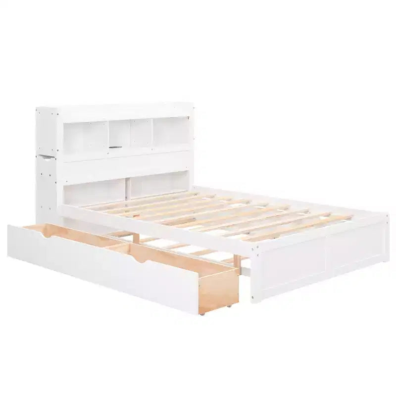 Full Size Platform Bed Frame with Storage Headboard, Charging Station, Trundle, 2 Drawers and Pull Out Shelves, White/Espresso-ModernLuxe
