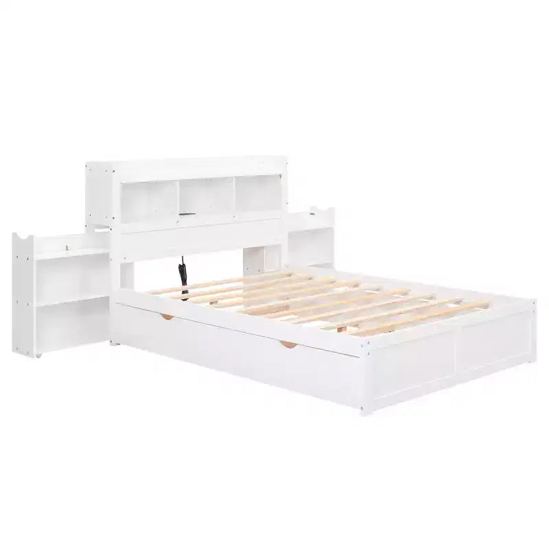 Full Size Platform Bed Frame with Storage Headboard, Charging Station, Trundle, 2 Drawers and Pull Out Shelves, White/Espresso-ModernLuxe