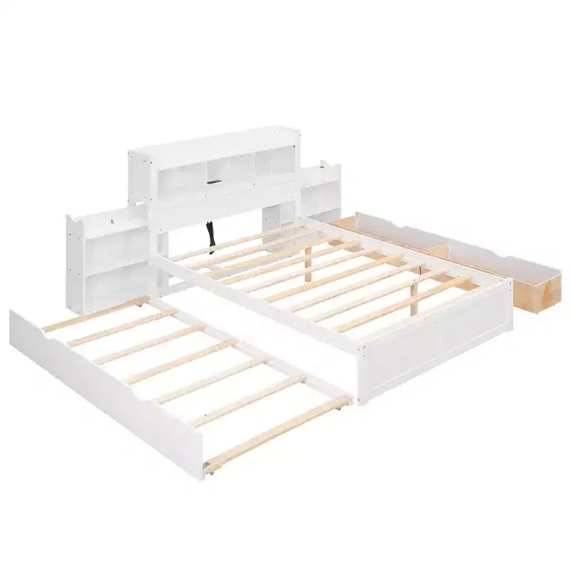Full Size Platform Bed Frame with Storage Headboard, Charging Station, Trundle, 2 Drawers and Pull Out Shelves, White/Espresso-ModernLuxe