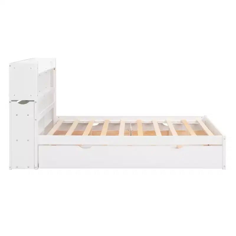 Full Size Platform Bed Frame with Storage Headboard, Charging Station, Trundle, 2 Drawers and Pull Out Shelves, White/Espresso-ModernLuxe