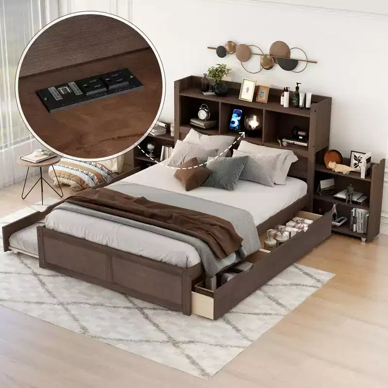 Full Size Platform Bed Frame with Storage Headboard, Charging Station, Trundle, 2 Drawers and Pull Out Shelves, White/Espresso-ModernLuxe